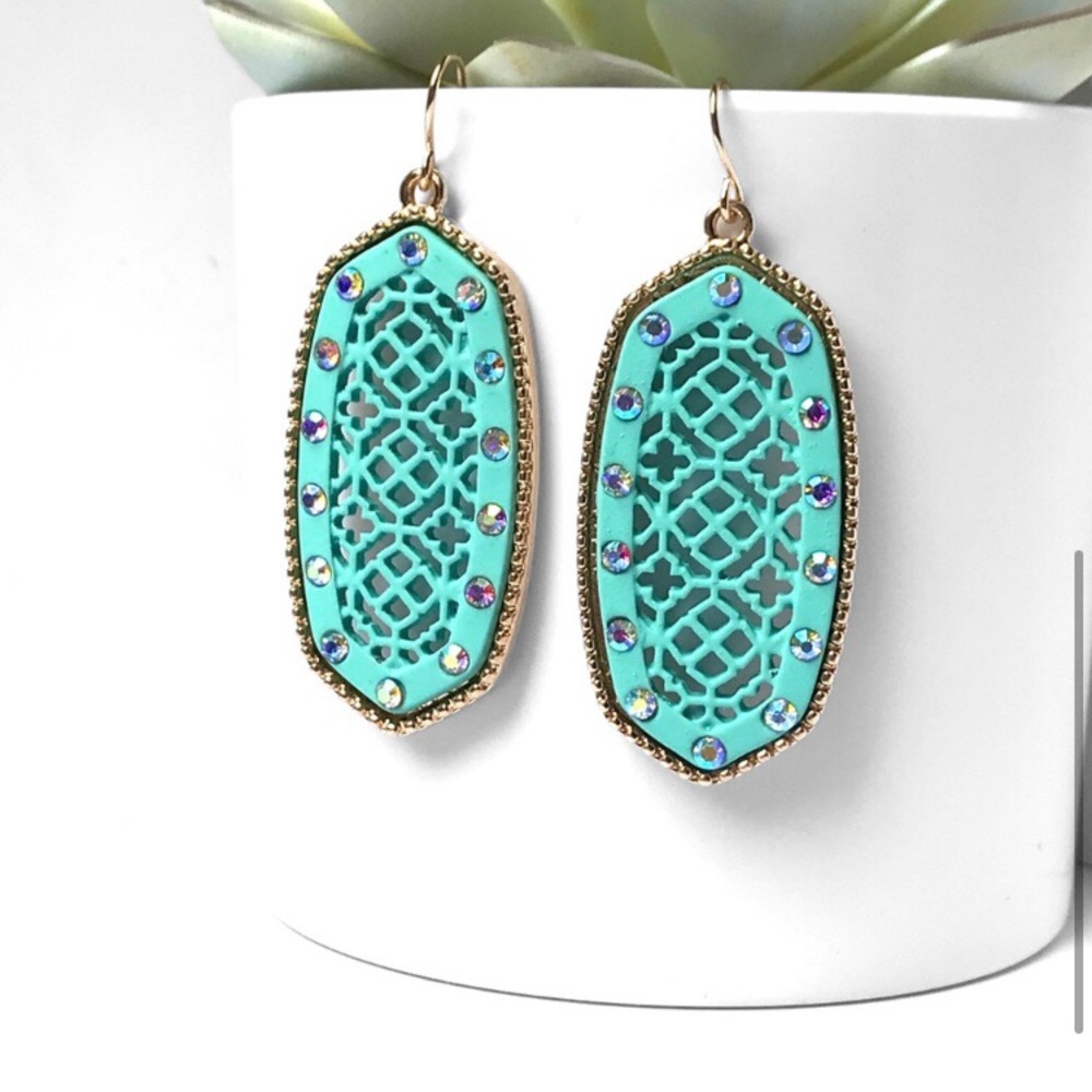 Aqua filigree dangle women’s rhinestone detail pretty fall earrings - Picture 3 of 4